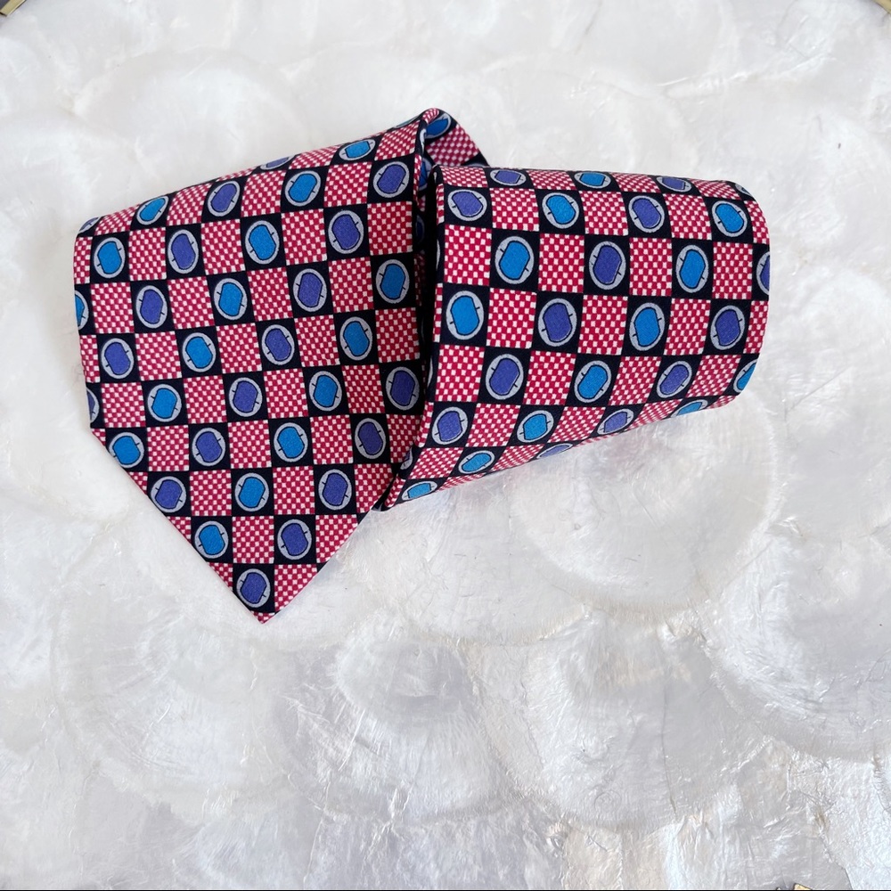 Geoffrey Beene Handmade Red Check Blue Purple Abstract Mens Silk Tie